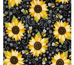 Sunflowers and Bees Allover on Chalkboard Black