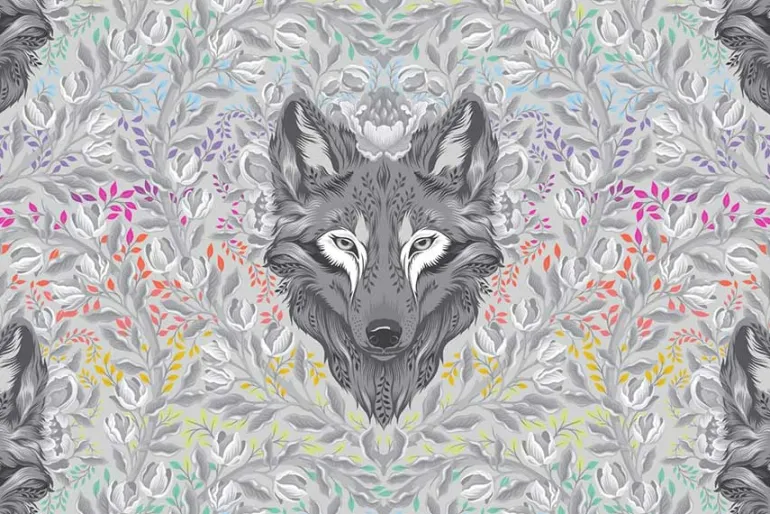 Tula Pink Graywork Wolf of Pink Street Fog