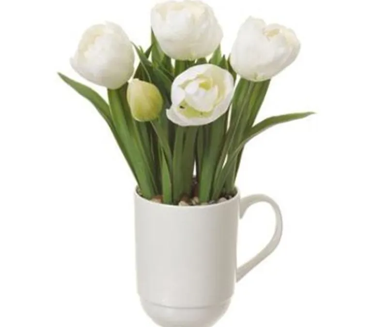 11″ Tulips in Ceramic Cup, White