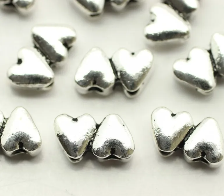 Two Joined Heart Double Hole Bead – Antique Silver Plated