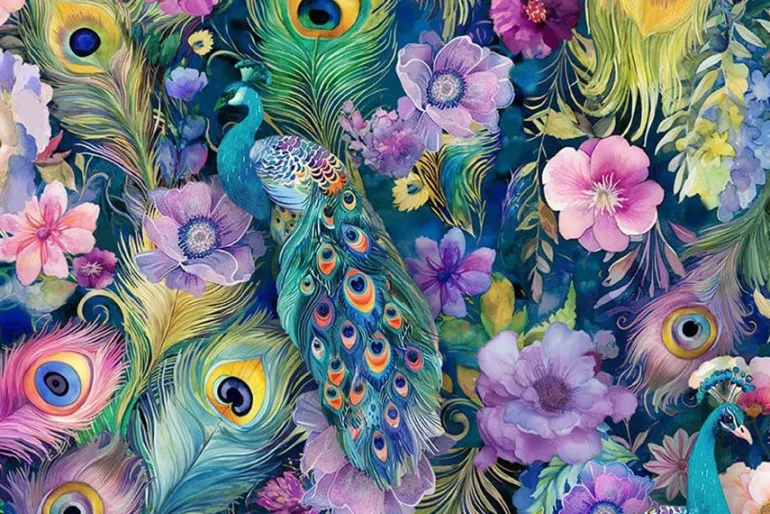 Wild Beauty Peacock Peek-a-boo Floral on Navy