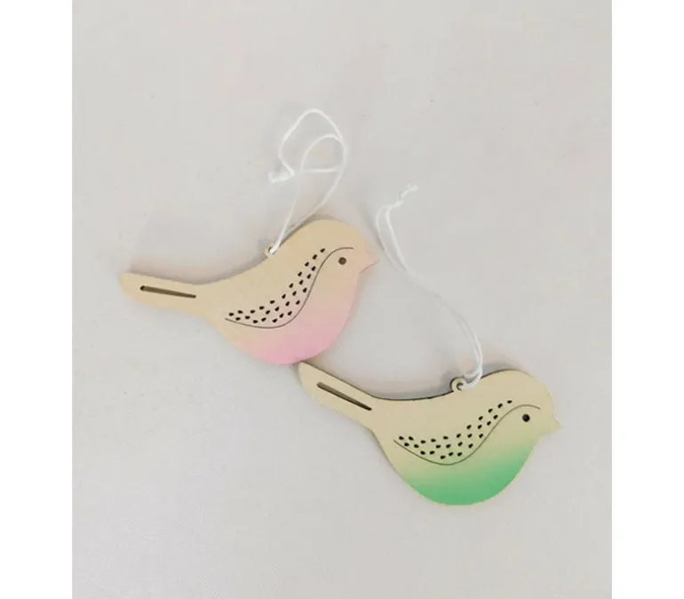 Wood Birds with Green/Pink Accents – 6 Piece